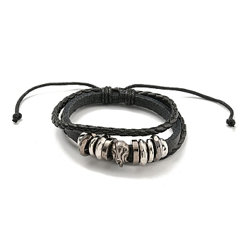 Braided PU Leather & Waxed Cords Triple Layer Multi-strand Bracelets, Alloy Beaded Bracelets, Inner Diameter: 2-1/4~3-3/4 inch(5.7~9.5cm)