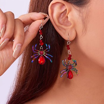 Spider Alloy Rhinestone Dangle Earrings, Rainbow Color, Siam, 65x30mm