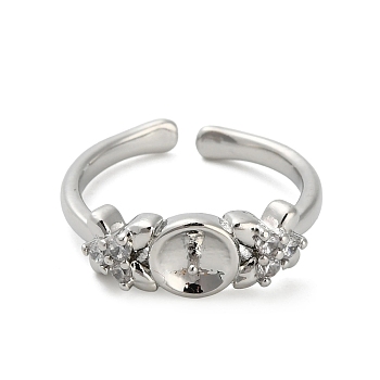 Adjustable Brass Cuff Rings, Open Rings Components, with Cubic Zirconia, Cadmium Free & Lead Free, For Half Drilled Beads, Flower, Platinum, Tray: 6mm, 17mm, Pin: 1mm