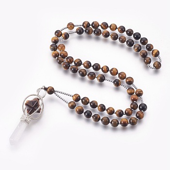 Alloy Pendant Necklace, with Natural Tiger Eye Beads, Star with Bullet, 29.52 inch(75cm)