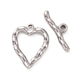 304 Stainless Steel Toggle Clasps, Wavy Heart, Stainless Steel Color, Heart: 26.5x20.5x3mm, Hole: 1.8mm, Bar: 27x8.5x3.5mm, Hole: 2mm