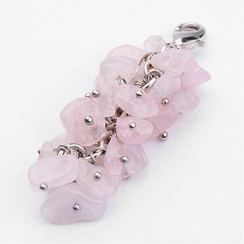 Natural Chip Rose Quartz Pendant Decorations, with Brass Lobster Claw Clasps, Platinum, Pink, 53mm
