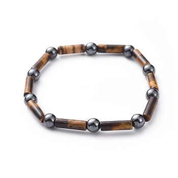 Natural Tiger Eye & Non-Magnetic Synthetic Hematite Beads Stretch Bracelets, Column and Round, 2-3/8 inch(6cm)