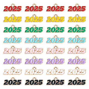 64Pcs 8 Colors Alloy Enamel Pendants, Light Gold, Number 2025 Charm, Mixed Color, 9x18x1.5mm, Hole: 1.8mm, 8pcs/color