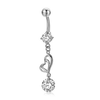 Piercing Jewelry, Brass Cubic Zirciona Navel Ring, Belly Rings, with 304 Stainless Steel Bar, Lead Free & Cadmium Free, Heart, Clear, 48.5mm, Pendant: 26.5x8mm, Bar: 14 Gauge(1.6mm), Bar Length: 3/8"(10mm)