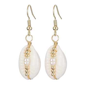 Natural Shell & Pearl Dangle Earrings, Brass Wire Wrap Earrings, Golden, 44x13.5mm