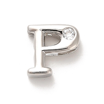 Rack Plating Brass Cubic Zirconia Beads, Long-Lasting Plated, Lead Free & Cadmium Free, Alphabet, Letter P, 12x12.5x4.8mm, Hole: 2.5mm