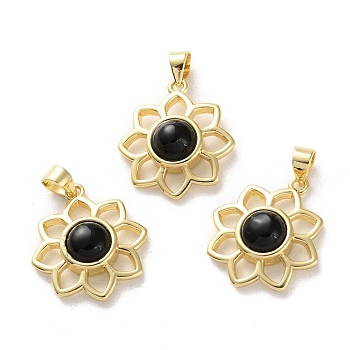 Natural Black Onyx(Dyed & Heated) Pendants, Rack Plating Golden Tone Brass Charms, Long-Lasting Plated, Lead Free & Cadmium Free, Flower, 18x16x5~5.5mm, Hole: 3.5x3mm