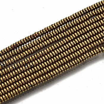 Electroplate Non-magnetic Synthetic Hematite Beads Strands, Flat Round/Disc, Golden Plated, 2x1mm, Hole: 0.8mm, about 450~456pcs/strand, 15.75 inch~15.94 inch(40cm~40.5cm)