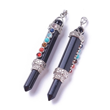 Chakra Jewelry, Natural Obsidian Pendants, with Brass Findings and Natural & Synthetic Mixed Stone, Hexagonal Prisms, Platinum, 84x14x16mm, Hole: 5x8mm