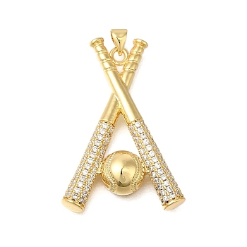 Rack Plating Brass Micro Pave Cubic Zirconia Pendants, Long-Lasting Plated, Lead Free & Cadmium Free, Baseball Charms, with Jump Ring, Real 18K Gold Plated, 39x26x8mm, Hole: 4x3mm