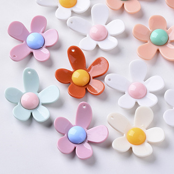 Opaque Acrylic Pendants, Flower, Mixed Color, 39x36.5x9mm, Hole: 1.6mm