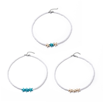 3Pcs 3 Colors Dyed Synthetic Turquoise Starfish & Acrylic Beaded Necklaces Set, Gemstone Stackable Necklaces for Women, Mixed Color, 16.34 inch(41.5cm), 1Pc/color