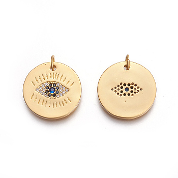 Brass Micro Pave Cubic Zirconia Pendants, Lead Free & Cadmium Free, Flat Round with Eye, Colorful, Matte Gold Color, 19x19x2mm, Hole: 3.5mm