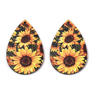 Single Face Sunflower Printed Wood Big Pendants(WOOD-TAC0021-01A)-2