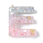 Resin Pendants, with Shell & Paillette & Gloden Alloy Loop, Letter A~B, Letter E, 42~44x11.5~57x7.5~8.5mm, Hole: 2mm(RESI-B029-01P-E)