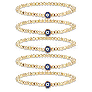 5Pcs Brass Beaded Stretch Bracelets Set, Evil Eye Protection Good Lucky Bracelets for Women, Golden, Inner Diameter: 2-3/8 inch(5.9cm)(BJEW-AN0001-03)
