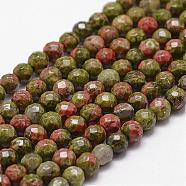 Natural Unakite Beads Strands, Faceted, Round, 4mm, Hole: 1mm, about 96pcs/strand, 14.9 inches~15.1 inches(G-D840-45-4mm)