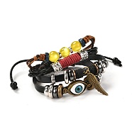 Adjustable PU Leather Cord Multi-Strand Bracelets, with Non-Magnetic Synthetic Hematite Beads, Waxed Thread and Alloy Findings, Evil Eye, Colorful, Antique Bronze & Platinum, Inner Diameter: 2-1/8~2-3/4 inch(5.5~7cm)(BJEW-I294-01)