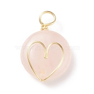 Natural Rose Quartz Gemstone Pendants, with Real 18K Gold Plated Eco-Friendly Copper Wire Wrapped, Flat Round with Heart Charm, 22x16x5.5mm, Hole: 3~4.5mm(PALLOY-JF01751-05)