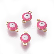 Ion Plating(IP) 304 Stainless Steel Enamel Links connectors, Flat Round with Evil Eye, Golden, Hot Pink, 9.5x6x3.5mm, Hole: 1.2mm(STAS-F206-02G-A07)