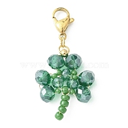 Glass Pendant Decoration, with 304 Stainless Steel Lobster Claw Clasps, Clover, Green, 38~39.5mm, Pendant: 25~25.5x19x5mm(HJEW-TA00031-02)