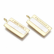 Natural Freshwater Shell Pendants, with Brass Findings, Nickel Free, Loops, Rectangle with Word New York, Real 18K Gold Plated, 22x9.5x1mm, Hole: 1.2mm(KK-S356-205G-NF)