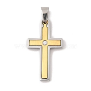 Ion Plating(IP) 304 Stainless Steel Pendants, with Rhinestone, Cross Charm, Golden & Stainless Steel Color, 38x18x3mm, Hole: 5x4.5mm(STAS-G346-07G)