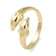 Brass with Cubic Zirconia Open Cuff Rings, Dolphin, Golden, US Size 7(17.3mm)(RJEW-Z017-01G)