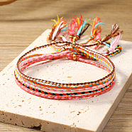 5Pcs 5 Colors Cotton Woven Braided Cord Bracelets Set, Adjustable Bohemian Ethnic Tribal Stackable Bracelets for Women, Pink, Inner Diameter: 2-1/8~2-3/4 inch(5.3~7cm), 1Pc/color(PW-WG19598-01)