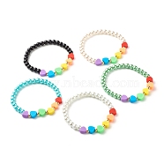 Heart Beads Stretch Bracelet for Girl Women, Glass Pearl & Polymer Clay & Brass Beads Bracelet, Mixed Color, Inner Diameter: 2-1/8 inch(5.3cm)(BJEW-JB07184)