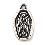 Tibetan Style Alloy Pendants, Halloween, Oval Coffin with Skull Charm, Antique Silver, 20x11x2.1mm, Hole: 1.8mm(PALLOY-E008-01AS)