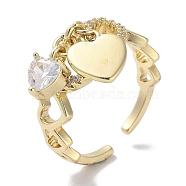 Brass Micro Pave Cubic Zirconia Cuff Rings, Long-Lasting Plated, Heart, Golden, US Size 6 3/4(17.1mm)(RJEW-G310-23G)