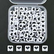 Opaque Acrylic Beads, Cube with Heart, White, 6x6x6mm, Hole: 3.5mm, 100pcs/box(MACR-YW0002-25)