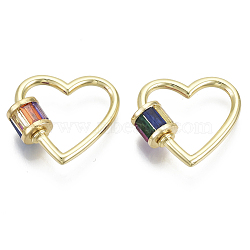 Brass Micro Pave Cubic Zirconia Screw Carabiner Lock Charms, Heart, Nickel Free, Real 16K Gold Plated, Colorful, 21x21x2mm, Screw: 7x7mm(ZIRC-N039-021-NF)