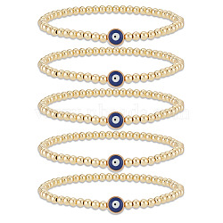 5Pcs Brass Beaded Stretch Bracelets Set, Evil Eye Protection Good Lucky Bracelets for Women, Golden, Inner Diameter: 2-3/8 inch(5.9cm)(BJEW-AN0001-03)