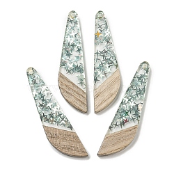 Wooden Pendants, Resin and Star Gold Foil, Dragonfly Wing, Dark Sea Green, 54x14x4mm, Hole: 2mm(FIND-B042-02C)