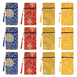 12Pcs 4 Colors Ethnic Style Brocade Sutra Book Zipper Pouch, Double-layer Thickened Scripture Storage Tassel Bags, Rectangle with Floral Pattern, Mixed Color, 20.5x11x0.4cm, 3pcs/color(ABAG-NB0001-76)