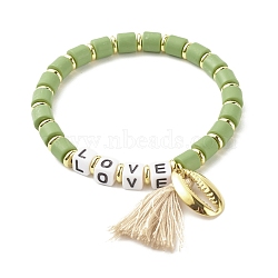Word Love Beads Stretch Bracelet for Girl Women, Cowrie Shell Shape & Tassel Charm Bracelet, Golden, Yellow Green, Inner Diameter: 2-1/8 inch(5.5cm)(BJEW-JB07208-02)