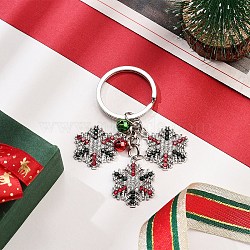 Snowflake Alloy Rhinestone Keychain, with Brass Bell and Iron Findings, 7.5cm(KEYC-YW00108-01)