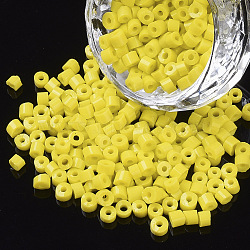 6/0 Glass Bugle Beads, Opaque Colours, Yellow, 6/0 3.5~5x3.5~4mm, Hole: 1mm, about 4500pcs/bag(SEED-S032-02B-01)
