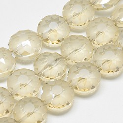 Electroplate Glass Beads Strands, Frosted, Rainbow Plated, Faceted, Flat Round, Light Goldenrod Yellow, 14x8~10mm, Hole: 1.5mm, about 50pcs/strand, 26.77 inch(EGLA-Q084-14mm-03)