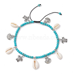 Natural Shell & Alloy Tortoise Charm Anklet, Ocean Theme Synthetic Turquoise Braided Beads Adjustable Anklets, Antique Silver, Inner Diameter: 2-5/8~4-1/2 inch(6.7~11.5cm)(AJEW-TA00022)