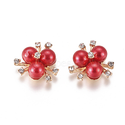Alloy Cabochons, with Crystal Rhinestone & Acrylic Imitation Pearl, Flower, Light Gold, Red, 19~20x21~22x10mm(PALLOY-I198-A04)
