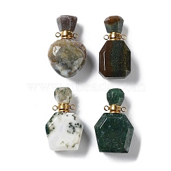 Natural Moss Agate & Indian Agate Perfume Bottle Pendants, with Golden Tone Stainless Steel Findings, Essentail Oil Diffuser Charm, for Jewelry Making, 34~35x18~22.5x11~13.5mm, Hole: 2mm(G-A026-12)