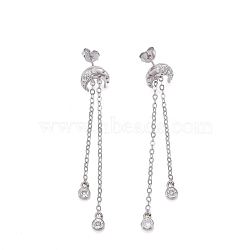 Brass Micro Pave Clear Cubic Zirconia Dangle Stud Earrings, with Cable Chains, Long-Lasting Plated, Moon, Real Platinum Plated, 58x10mm, Pin: 0.8mm(EJEW-K083-16P)