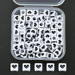 Opaque Acrylic Beads, Cube with Heart, White, 6x6x6mm, Hole: 3.5mm, 100pcs/box(MACR-YW0002-25)