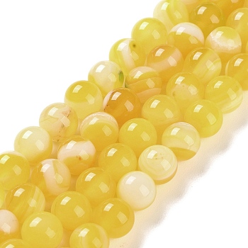 Natural Striped Agate/Banded Agate Beads Strands, Dyed, Round, Yellow, 10mm, Hole: 1.2mm, about 19pcs/strand, 7.60''(19.3cm)