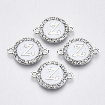 Alloy Enamel Links Connectors, with Crystal Rhinestones, Flat Round with Letter, Silver Color Plated, Letter.Z, 22x16x2mm, Hole: 1.8mm