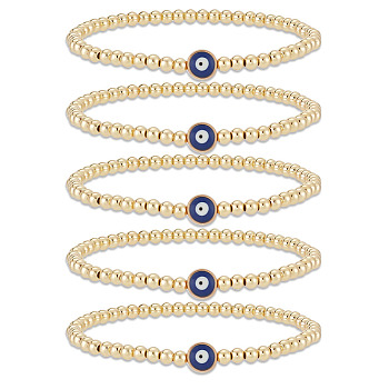 5Pcs Brass Beaded Stretch Bracelets Set, Evil Eye Protection Good Lucky Bracelets for Women, Golden, Inner Diameter: 2-3/8 inch(5.9cm)